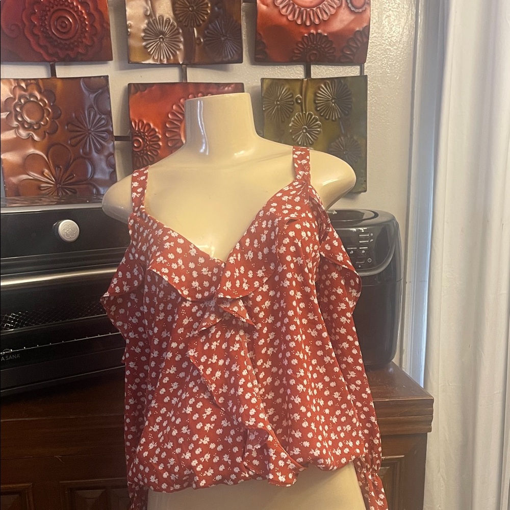 Ruffled Floral Tie-Back Cami Top - Rust/White